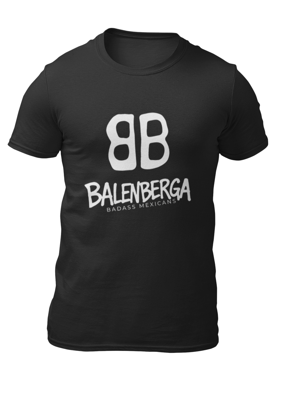 front view of a premium black graphic t-shirt. On the center of the chest, a large white logo features two "B" characters mirrored and interlocked back-to-back. Directly below the logo, the word "BALENBERGA" is printed in an edgy, stylized white paint-stroke font, with "BADASS MEXICANS" cleanly written underneath in a small, minimalist font.
