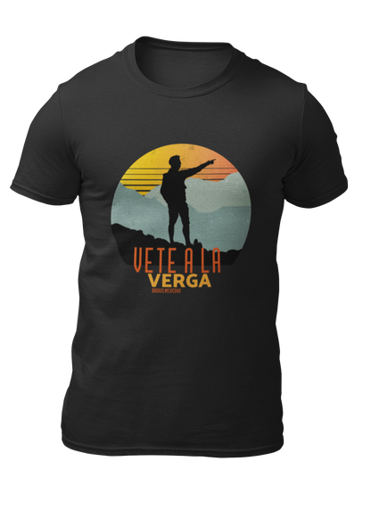 Black crew-neck t-shirt with a colorful retro circular sunset graphic showing a mountain hiker silhouette pointing forward above orange and yellow text "Vete a la verga".