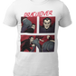 White t-shirt featuring a red "DRACULOVER" title above a 4-panel comic graphic of a vampire biting a woman wearing blue jeans.