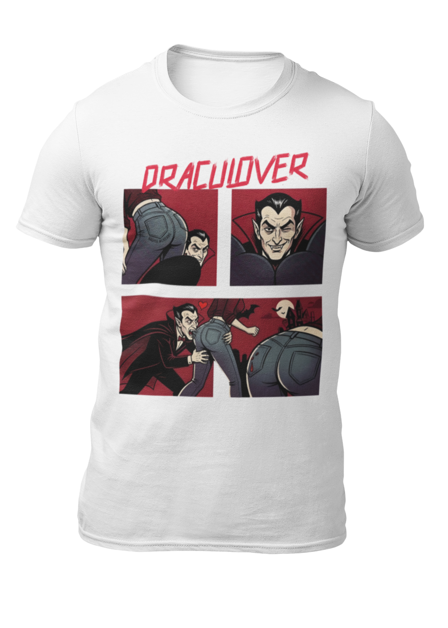 White t-shirt featuring a red "DRACULOVER" title above a 4-panel comic graphic of a vampire biting a woman wearing blue jeans.