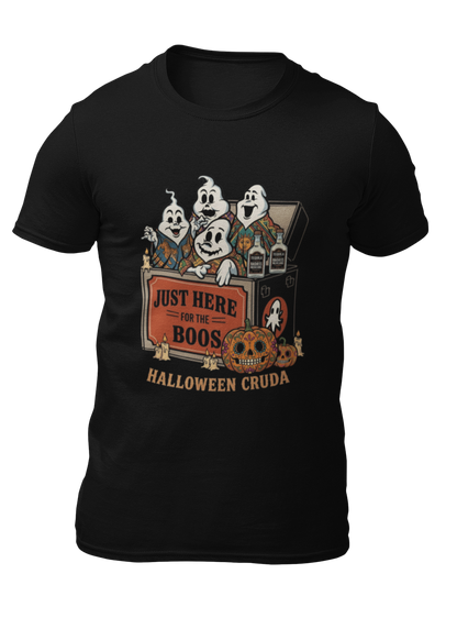Black t-shirt with a vintage illustration of ghosts coming out of a cooler with tequila bottles and text reading "JUST HERE FOR THE BOOS HALLOWEEN CRUDA".