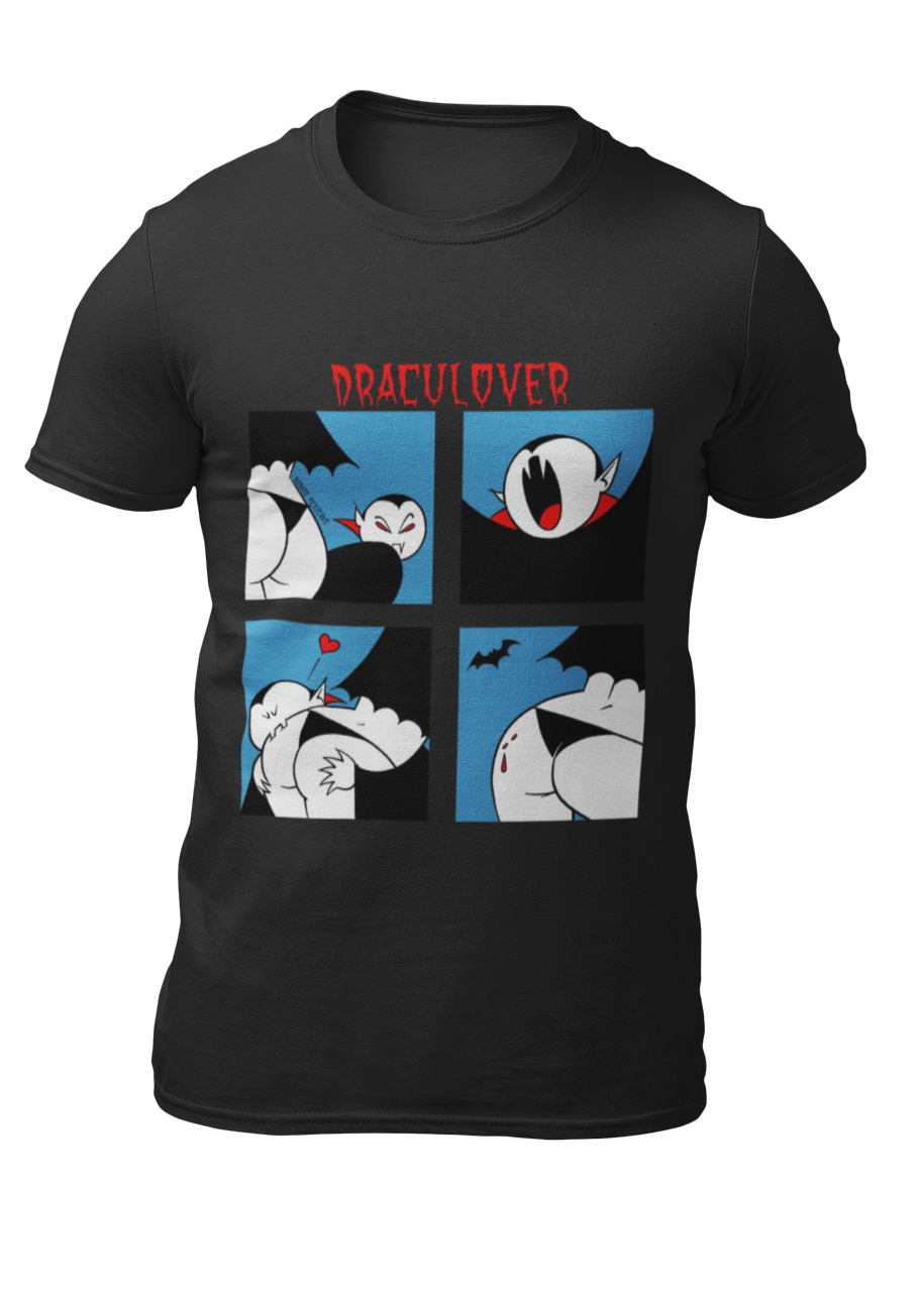 Black t-shirt featuring a red "DRACULOVER" title above a 4-panel comic graphic of a cartoon vampire biting a lower back.