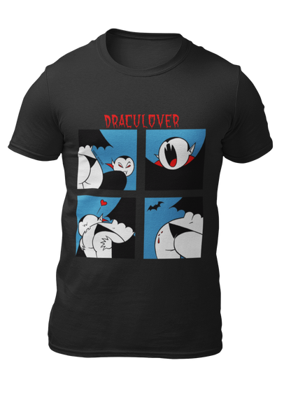 Black t-shirt featuring a red "DRACULOVER" title above a 4-panel comic graphic of a cartoon vampire biting a lower back.