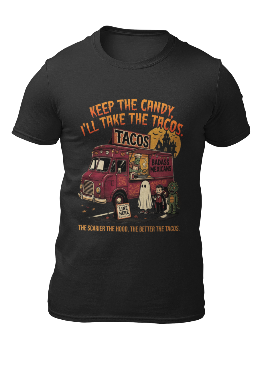 Black t-shirt featuring a spooky taco truck graphic with monsters in line under the text "Keep the candy I'll take the tacos".