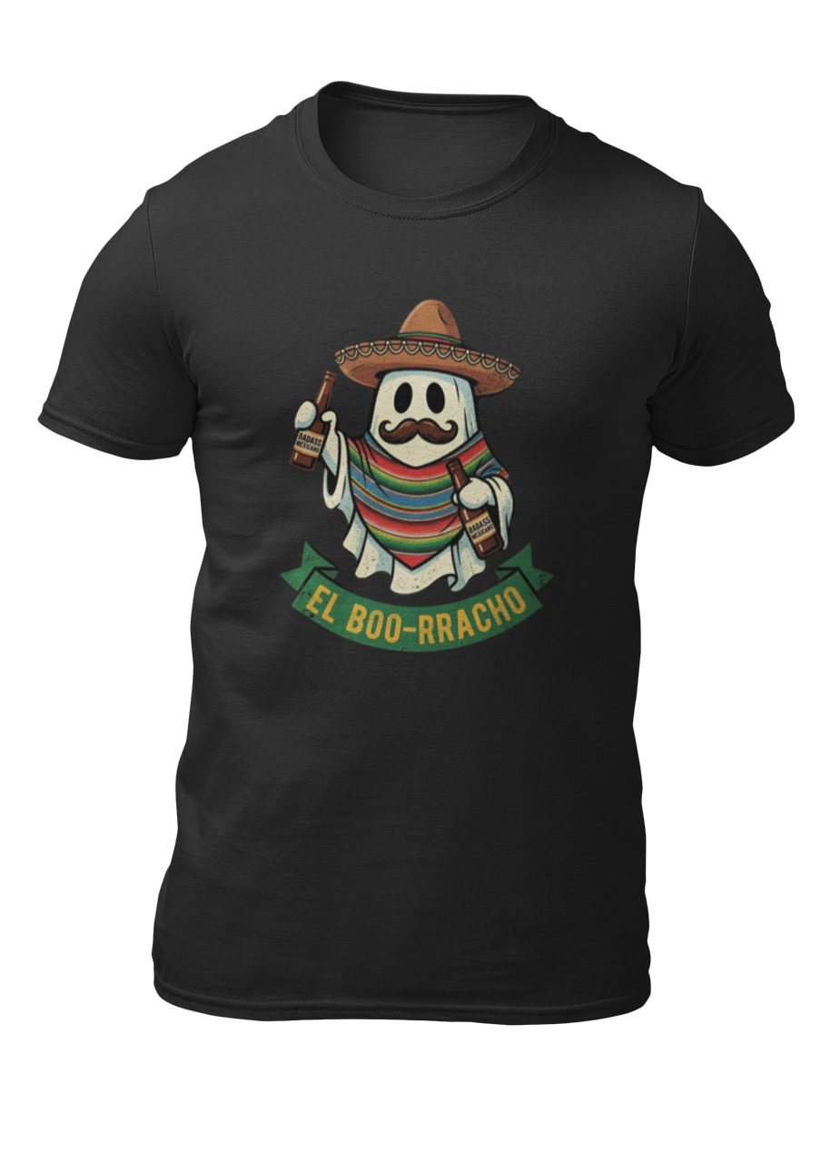 Black t-shirt featuring an illustration of a mustache ghost wearing a Mexican sombrero and sarape holding bottles above text reading "EL BOO-RRACHO".