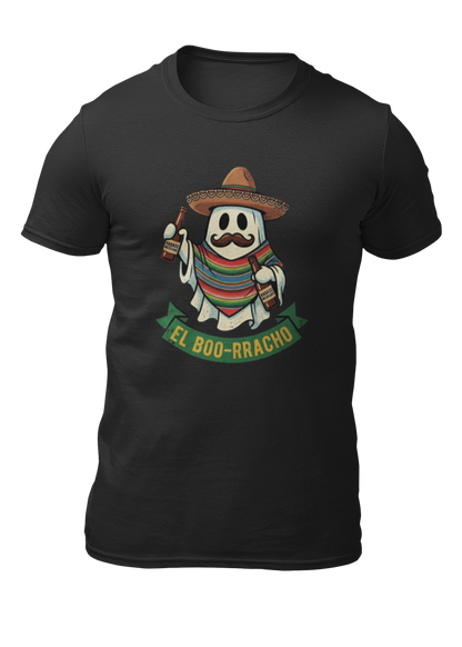 Black t-shirt featuring an illustration of a mustache ghost wearing a Mexican sombrero and sarape holding bottles above text reading "EL BOO-RRACHO".