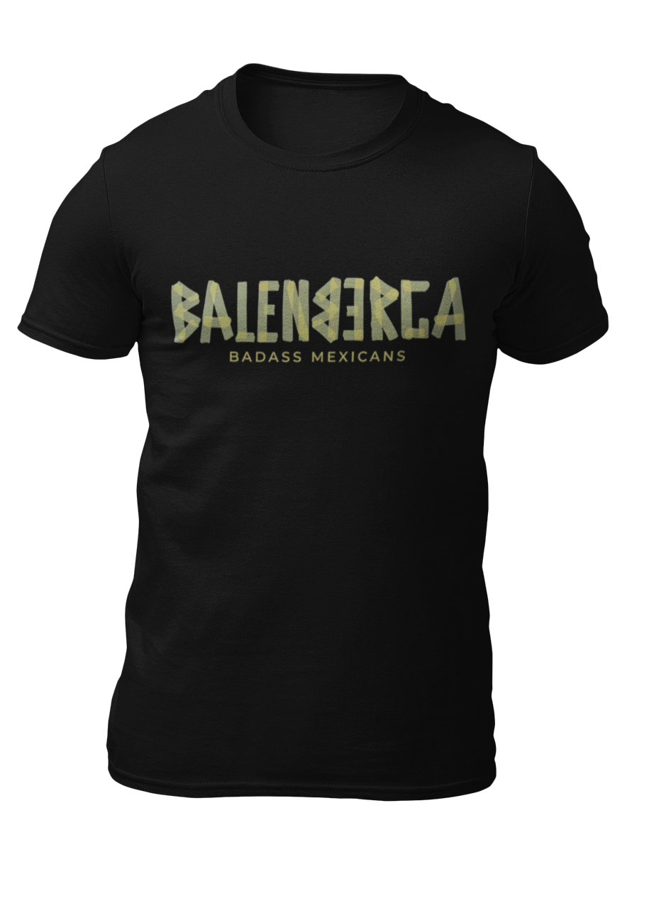 A black streetwear t-shirt showcasing the word "BALENBERGA" across the chest in a heavy, textured, geometric block font with alternating mirrored letters in an olive-beige tone. Underneath, "BADASS MEXICANS" is printed in a clean, sharp matching font.