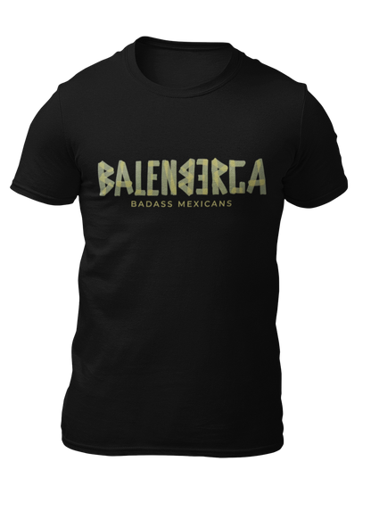 A black streetwear t-shirt showcasing the word "BALENBERGA" across the chest in a heavy, textured, geometric block font with alternating mirrored letters in an olive-beige tone. Underneath, "BADASS MEXICANS" is printed in a clean, sharp matching font.