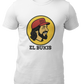 A caricature image of Mexican singer "El Buki," replacing the traditional beaver character on a stylized logo for a gas station.  all printed on a casual, short-sleeved t-shirt. The overall style is a fun, graphic illustration parody.