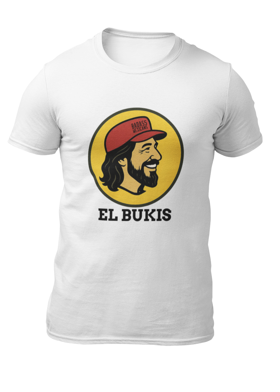 A caricature image of Mexican singer "El Buki," replacing the traditional beaver character on a stylized logo for a gas station.  all printed on a casual, short-sleeved t-shirt. The overall style is a fun, graphic illustration parody.