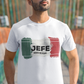 White crew-neck t-shirt with a distressed Mexican flag graphic across the chest featuring the word "JEFE" in bold black font in the center.