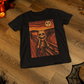 Black t-shirt with an artistic painting parodying Munch's The Scream featuring a sugar skull skeleton figure and moon.