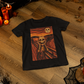 Black t-shirt with an artistic painting parodying Munch's The Scream featuring a sugar skull skeleton figure and moon.