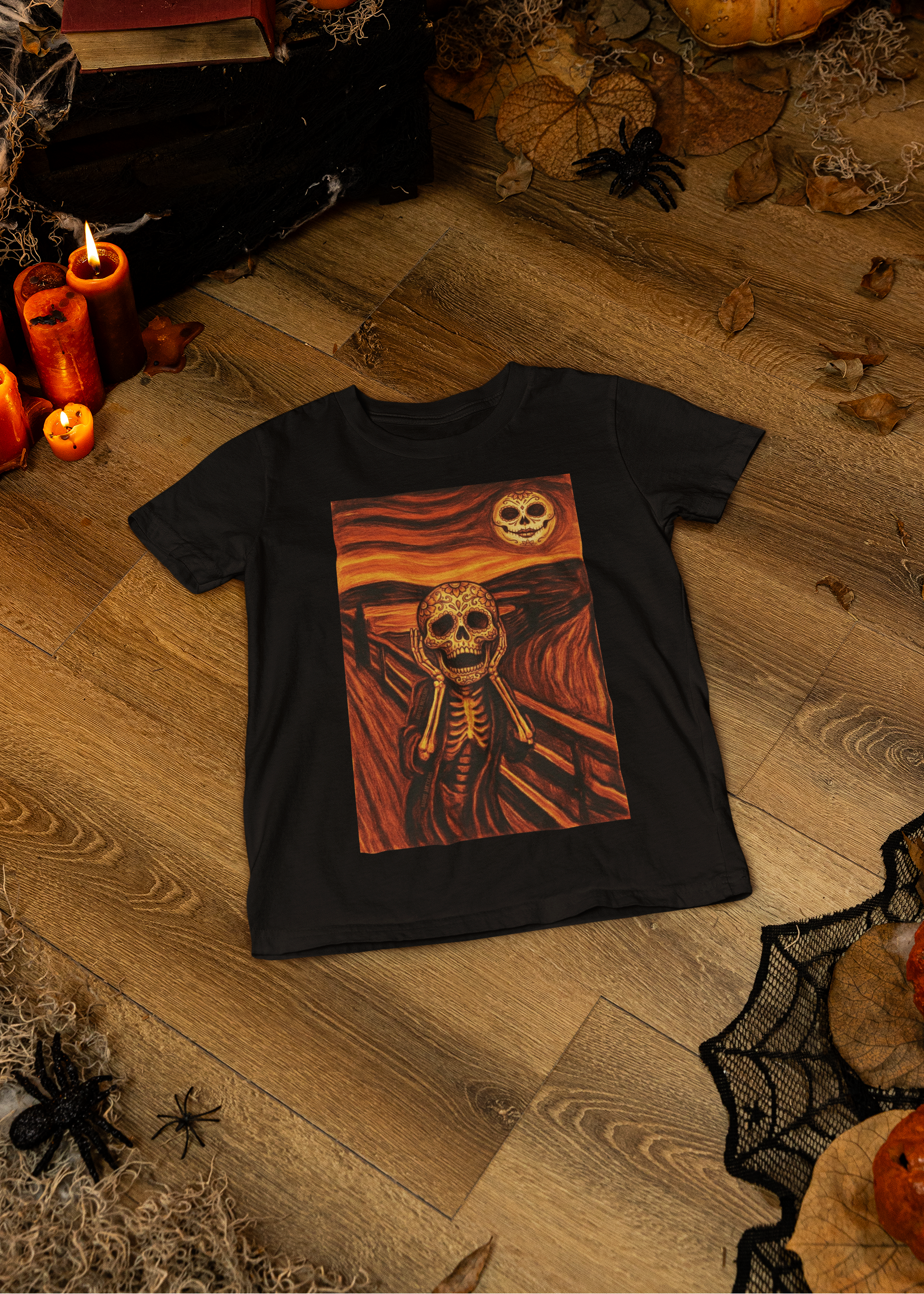 Black t-shirt with an artistic painting parodying Munch's The Scream featuring a sugar skull skeleton figure and moon.