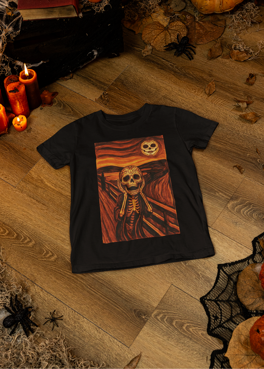 Black t-shirt with an artistic painting parodying Munch's The Scream featuring a sugar skull skeleton figure and moon.