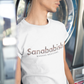 White crew-neck t-shirt with "Sanababish" printed across the chest in a stylized font with a bricks textured pattern, and "BADASS MEXICANS" in small black text below.