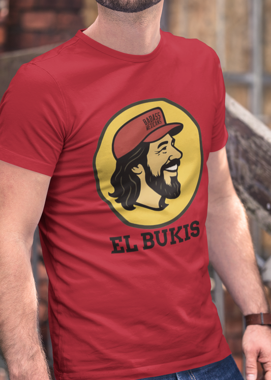 A caricature image of Mexican singer "El Buki," replacing the traditional beaver character on a stylized logo for a gas station.  all printed on a casual, short-sleeved t-shirt. The overall style is a fun, graphic illustration parody.