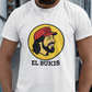 A caricature image of Mexican singer "El Buki," replacing the traditional beaver character on a stylized logo for a gas station.  all printed on a casual, short-sleeved t-shirt. The overall style is a fun, graphic illustration parody.