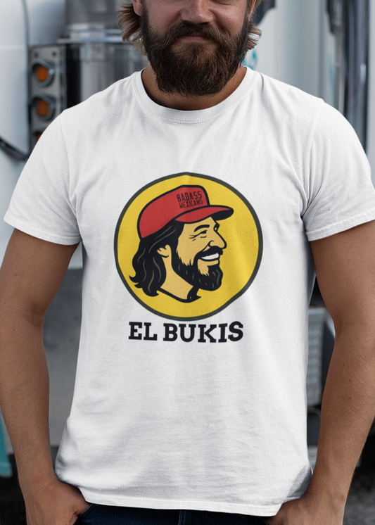 A caricature image of Mexican singer "El Buki," replacing the traditional beaver character on a stylized logo for a gas station.  all printed on a casual, short-sleeved t-shirt. The overall style is a fun, graphic illustration parody.