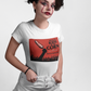 white crew-neck t-shirt featuring a red retro movie poster graphic with a hand holding a spiced corn on a stick above a cornfield silhouette.