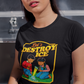 A woman wearing a black t-shirt with a vintage-style illustration of a boy and a girl melting an ice cube and the phrase “Let’s Destroy ICE” in bold retro typography.