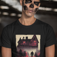 Black t-shirt with a red and beige retro horror movie poster graphic of a haunted house titled "SUEGRA'S HOUSE".