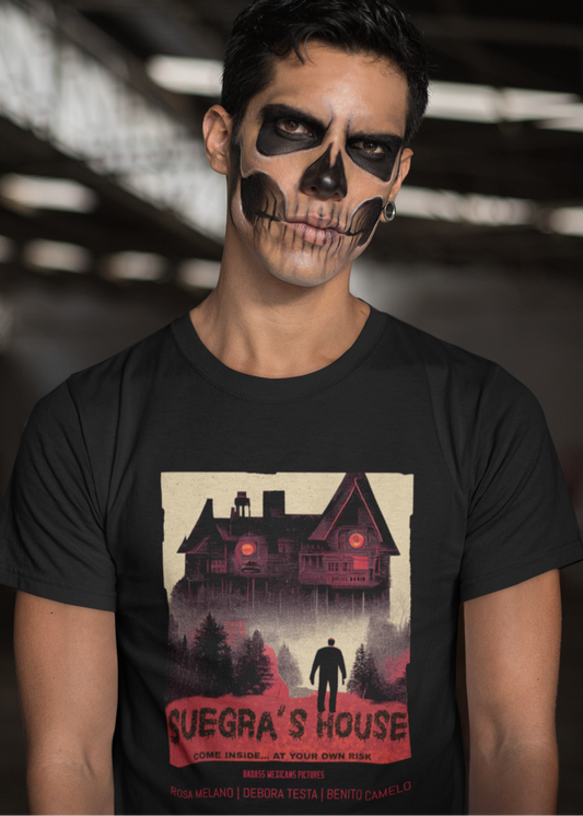 Black t-shirt with a red and beige retro horror movie poster graphic of a haunted house titled "SUEGRA'S HOUSE".