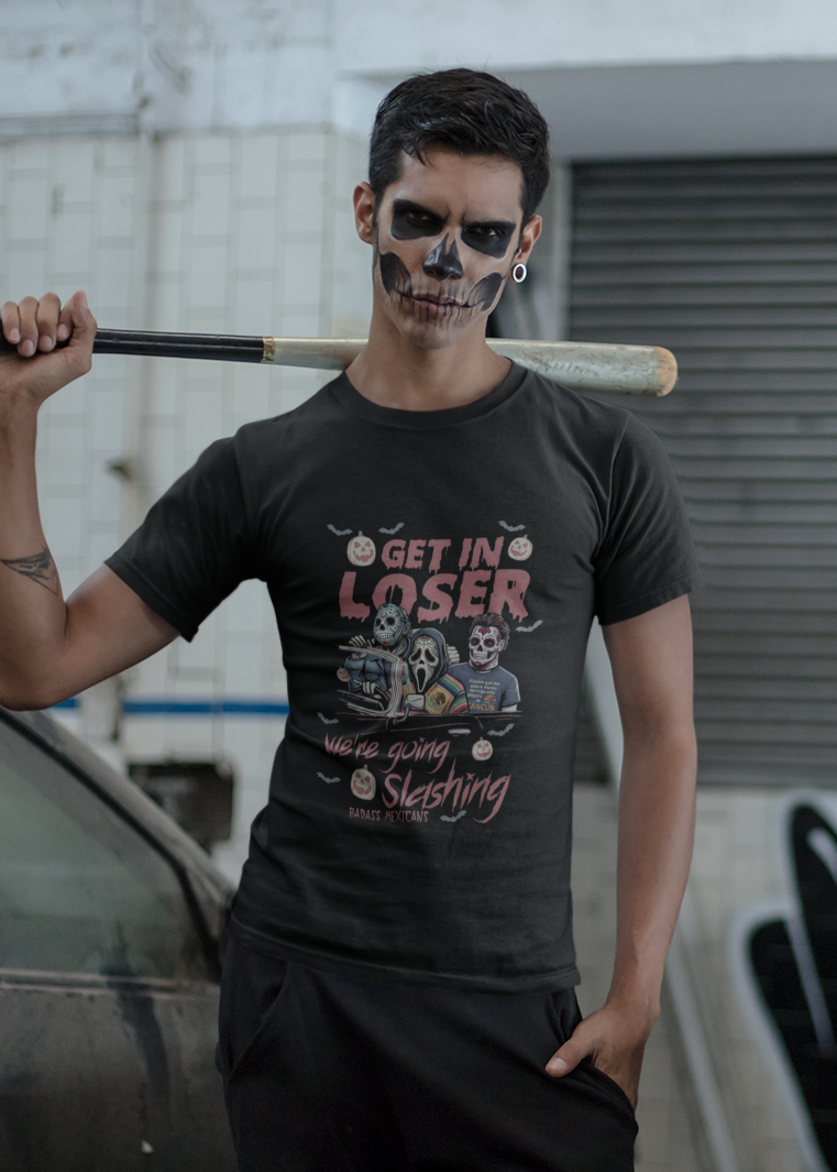 Black t-shirt with "GET IN LOSER WE'RE GOING SLASHING" graphic featuring classic horror villains in a convertible car.