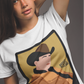 faceless regional mexicano inspired t-shirt with cowboy hat and golden jacket illustration, old-school banda style graphic white tee for women