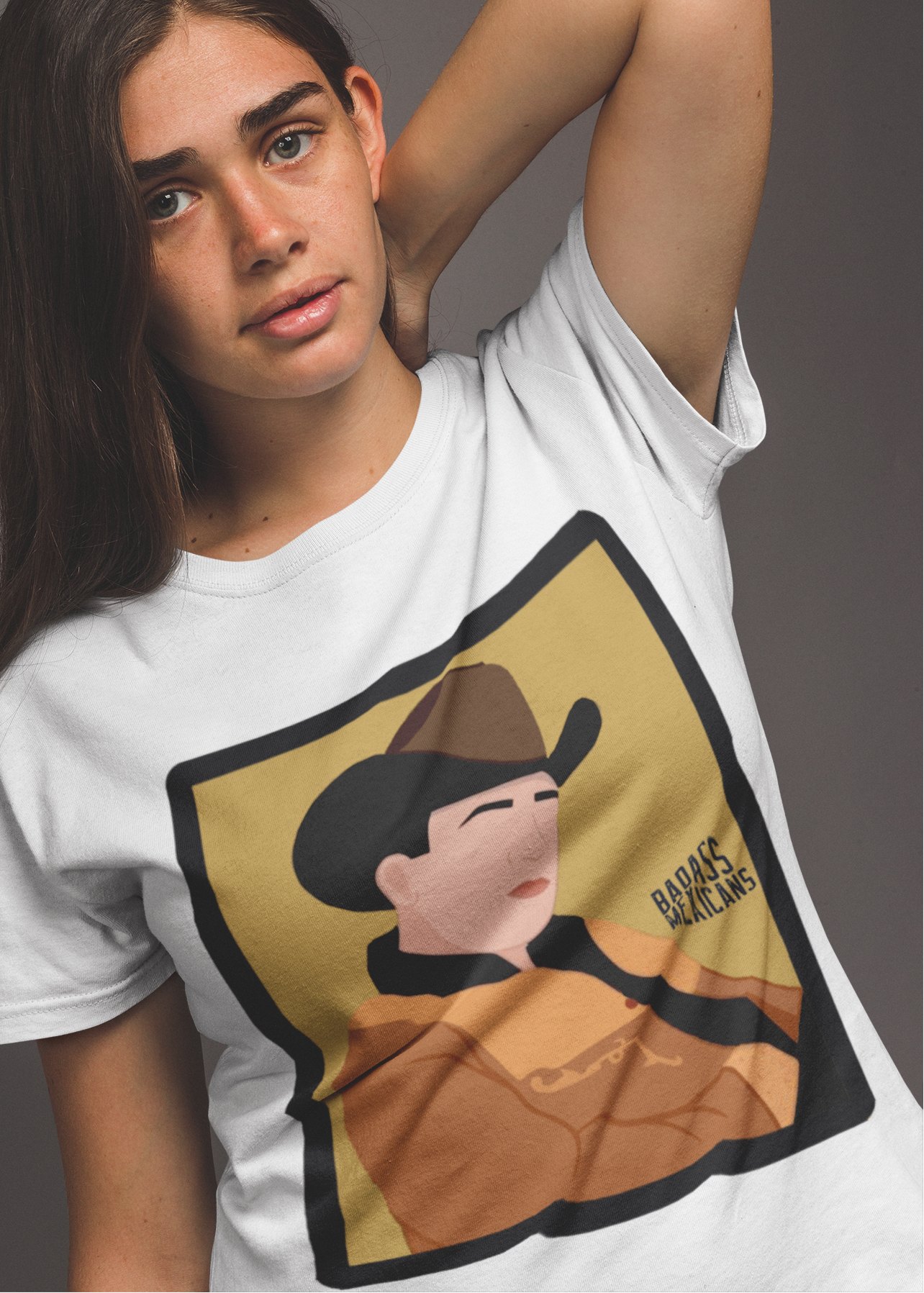 faceless regional mexicano inspired t-shirt with cowboy hat and golden jacket illustration, old-school banda style graphic white tee for women