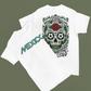 white front and back graphic t-shirt with small colorful sugar skull futbol design on front and matching mexican skull futbol artwork on back