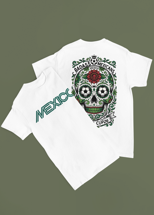 white front and back graphic t-shirt with small colorful sugar skull futbol design on front and matching mexican skull futbol artwork on back