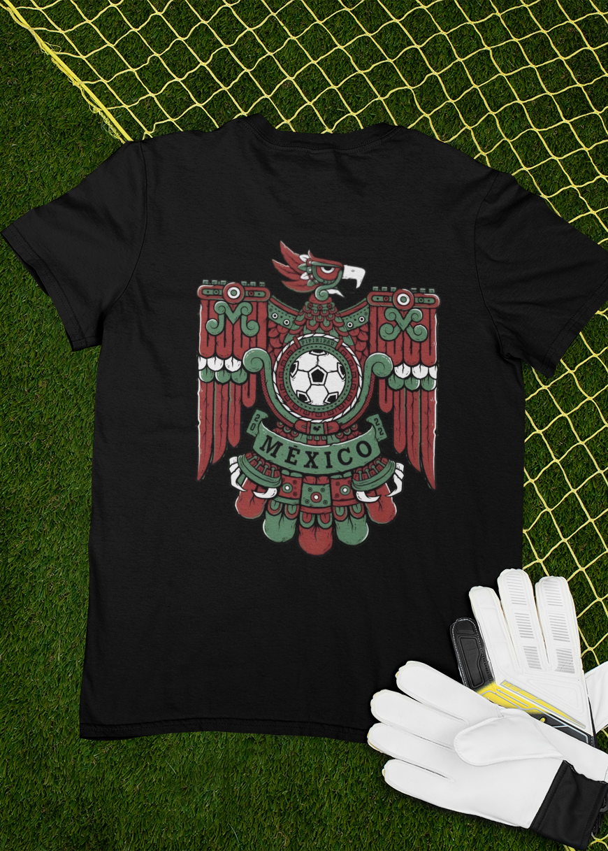black front and back graphic t-shirt with mexica eagle inspired mexico futbol crest on front and oversized matching design on back