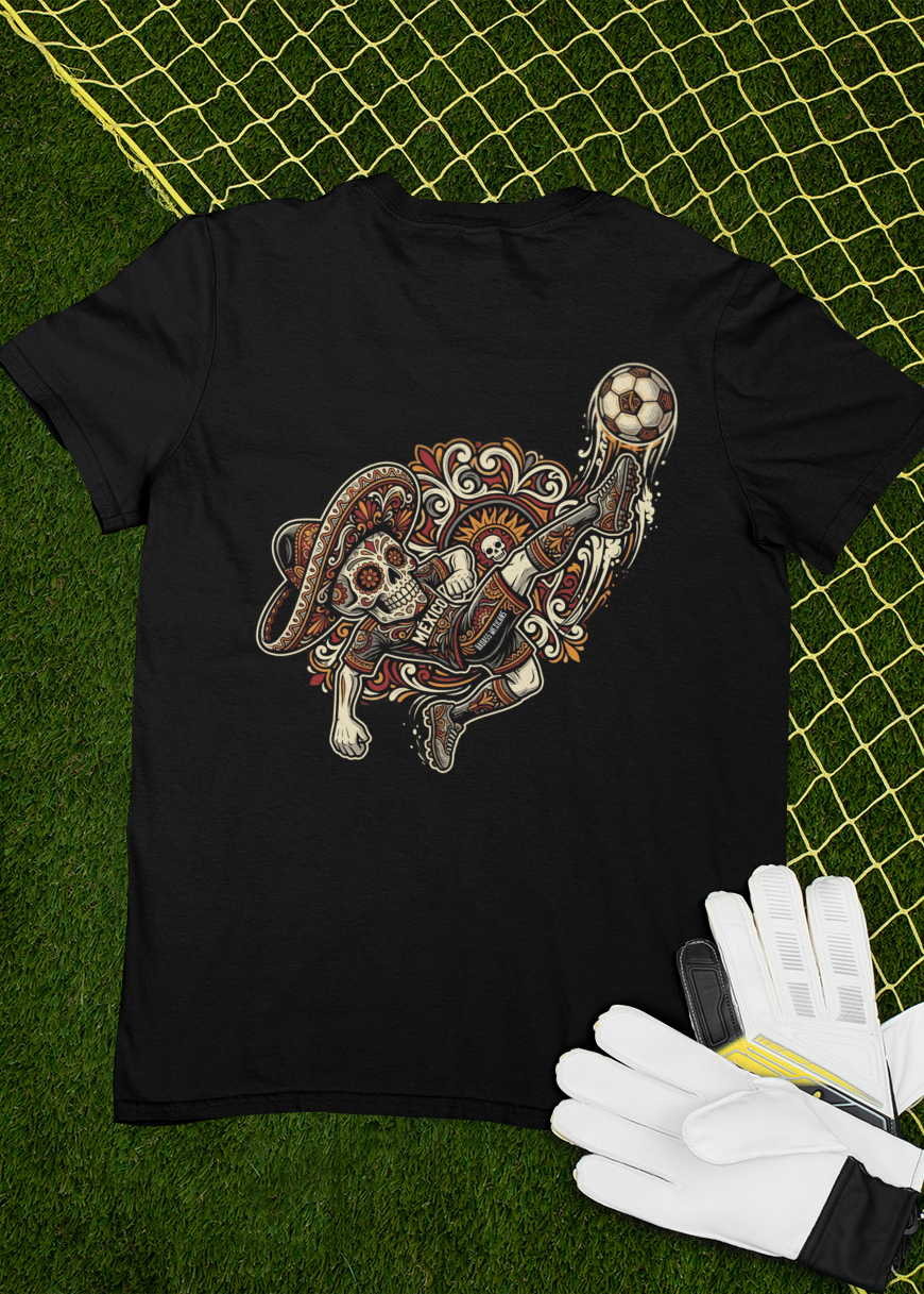 black front and back graphic t-shirt with small badass mexicans logo on front and detailed mexican calavera kicking a futbol ball on the back