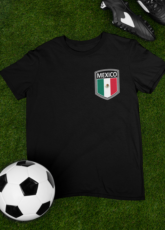 black futbol fan t-shirt with mexico crest on front and mex i can con huevos graphic on back for world cup 2026 