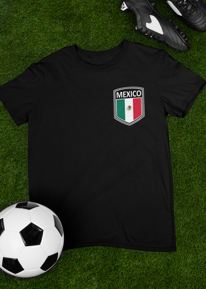 Black futbol fan t-shirt with mexico crest on front