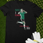black futbol fan t-shirt with mexico crest on front and mex i can con huevos graphic on back for world cup 2026 