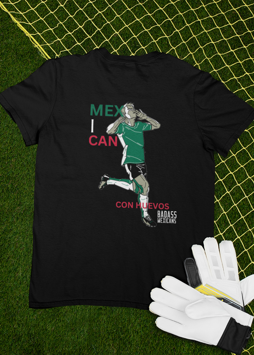 black futbol fan t-shirt with mexico crest on front and mex i can con huevos graphic on back for world cup 2026 