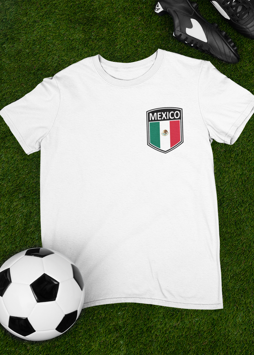 White futbol fan t-shirt with mexico crest on front