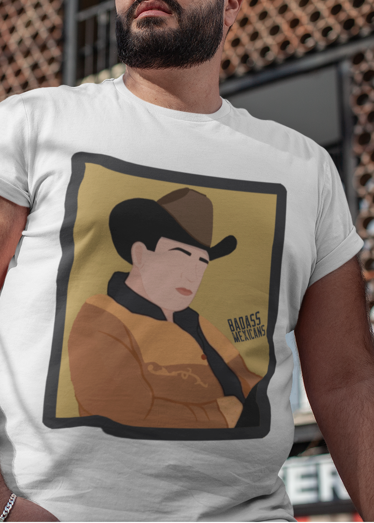 faceless regional mexicano inspired t-shirt with cowboy hat and golden jacket illustration, old-school banda style graphic white tee for men