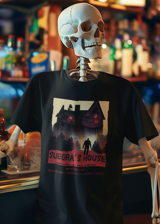Black t-shirt with a red and beige retro horror movie poster graphic of a haunted house titled "SUEGRA'S HOUSE".