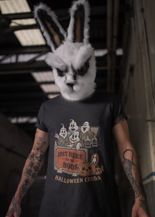 Black t-shirt with a vintage illustration of ghosts coming out of a cooler with tequila bottles and text reading "JUST HERE FOR THE BOOS HALLOWEEN CRUDA".