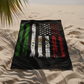 black beach towel with distressed mexico and usa flag fusion design in green white red and american stars and stripes