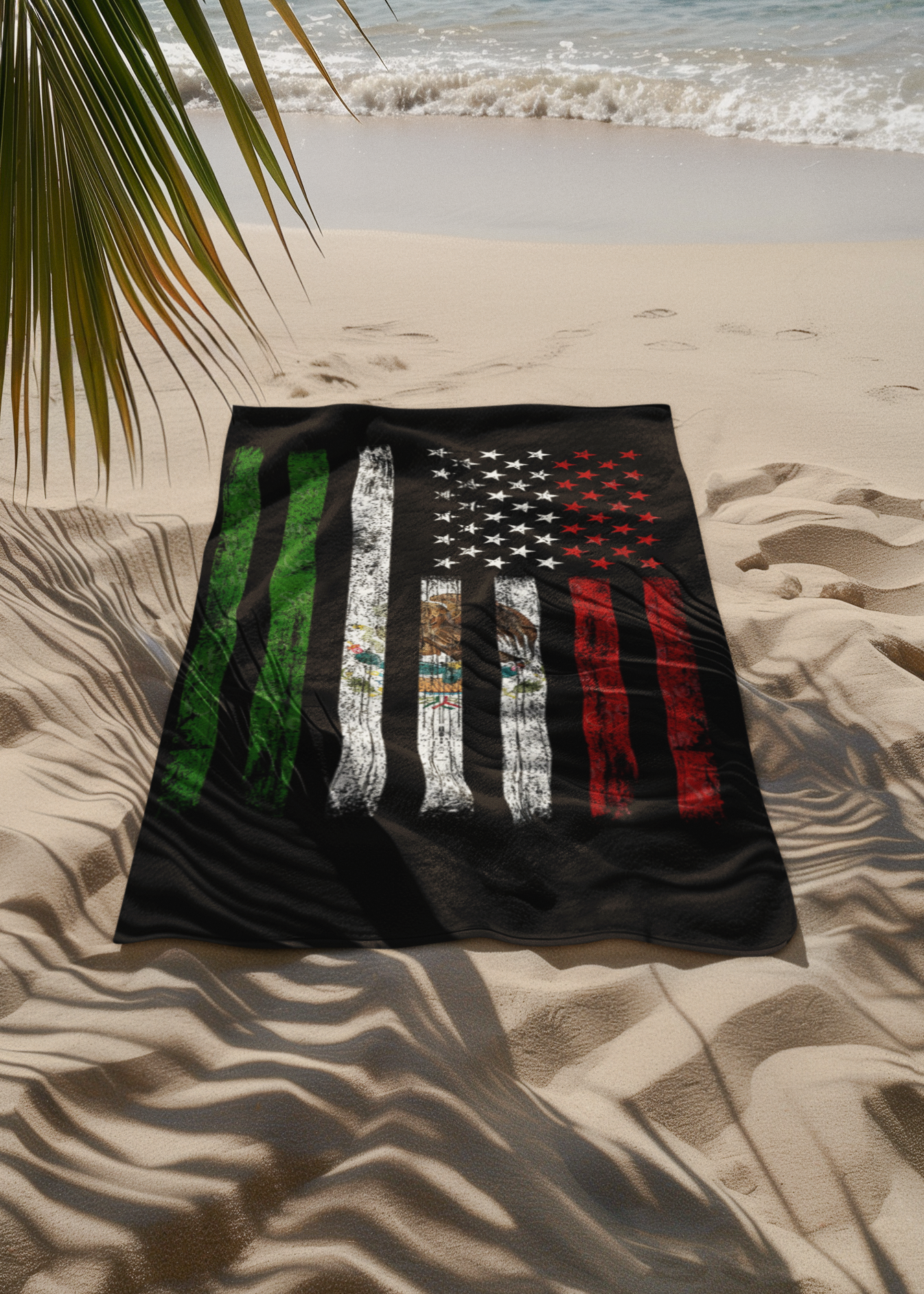 black beach towel with distressed mexico and usa flag fusion design in green white red and american stars and stripes