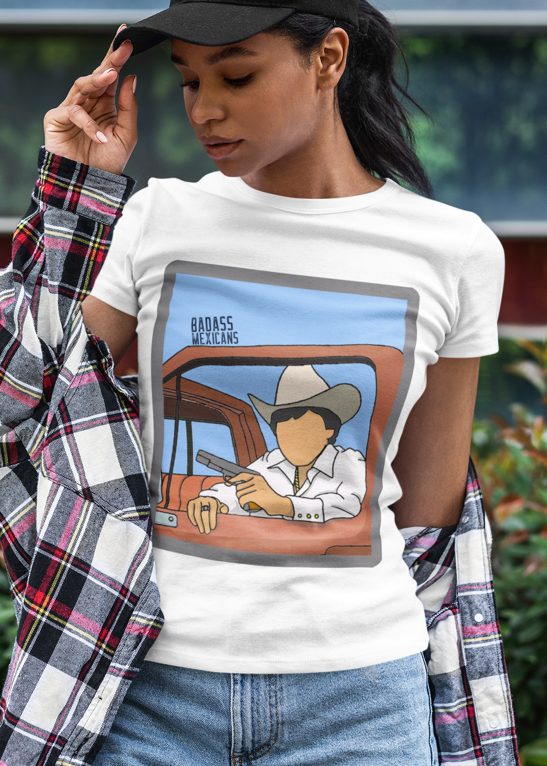 faceless corrido inspired white t-shirt with cowboy hat man sitting in truck illustration, regional mexicano style graphic tee for women