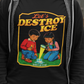 A man wearing a black t-shirt with a vintage-style illustration of a boy and a girl melting an ice cube and the phrase “Let’s Destroy ICE” in bold retro typography.