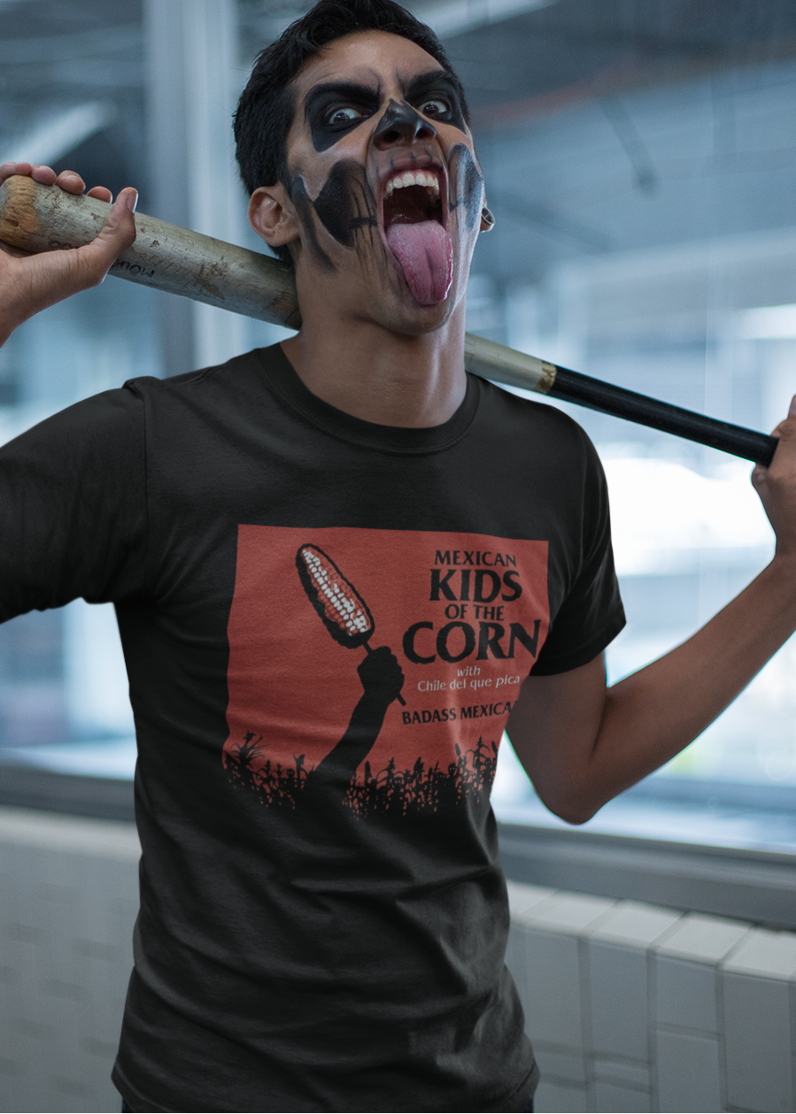Black crew-neck t-shirt featuring a red retro movie poster graphic with a hand holding a spiced corn on a stick above a cornfield silhouette.