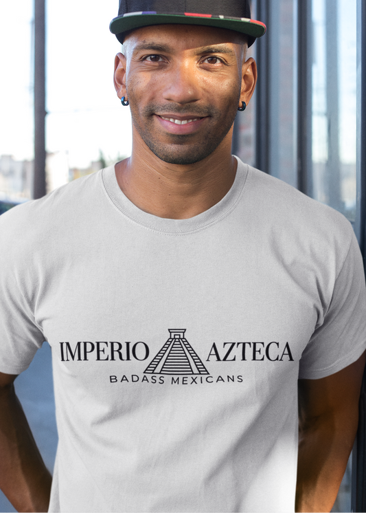 White crew-neck t-shirt featuring the text "IMPERIO AZTECA" in a clean black font, separated by a minimalist line-art icon of an Aztec pyramid.