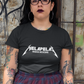 Black fitted women's crew-neck t-shirt with "MELAPELAS" printed in a sharp white heavy-metal lightning font and small white text underneath.