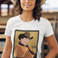 faceless regional mexicano inspired t-shirt with cowboy hat and golden jacket illustration, old-school banda style graphic white tee for women